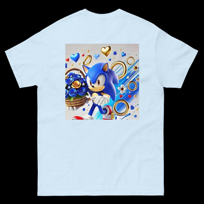 Print-on-demand Sonic T-shirt with retro cartoon design and bold colors. "Sonic the Hedgehog shirt with vibrant character art, great for fans of the cartoon and games." 